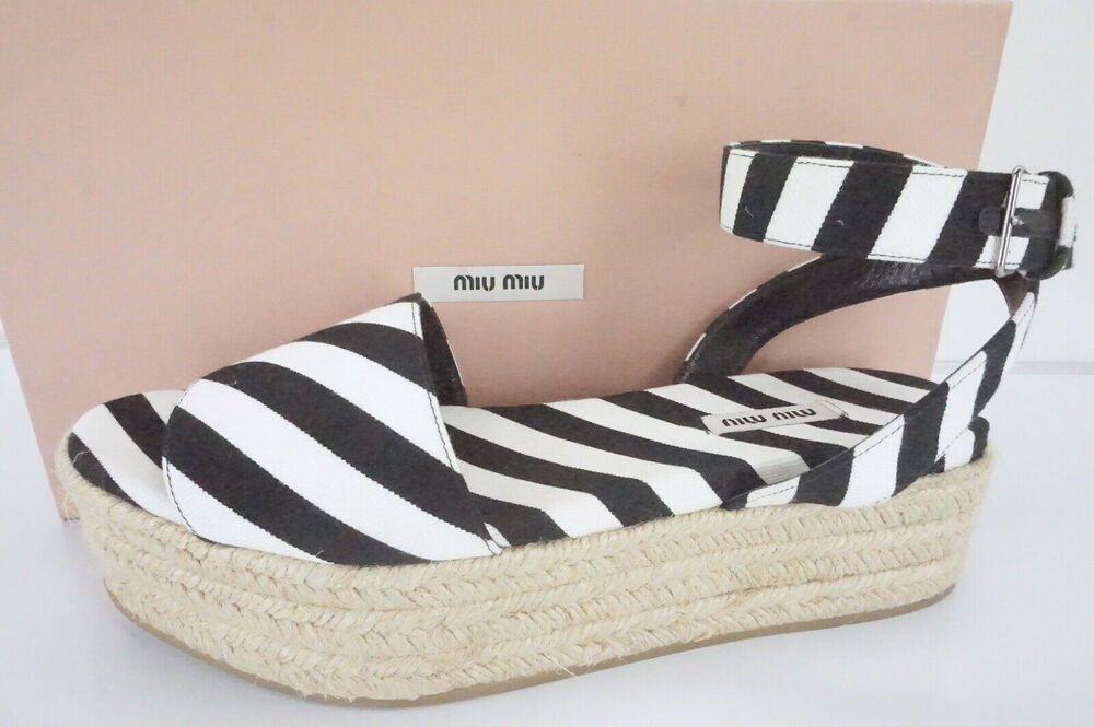 Miu Miu Stripe Canvas Platform Espadrille Sandal New Black White